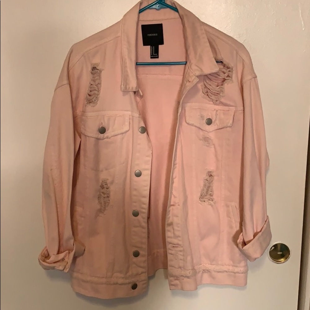 Forever 21 ripped pink jean jacket slightly worn
